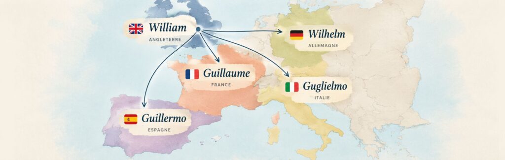 Les variantes de William en Europe, Guillaume, Guillermo, Wilhelm, Guglielmo